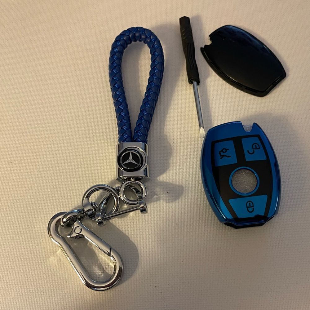 Mercedes Benz Logo fob Keychain in Blue Rope Leather and fob cover in Blue NWT